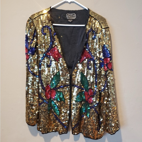 Jean by Joseph Le Bon Vintage Gold Sequin Party Jacket with Floral Design - Picture 3 of 6
